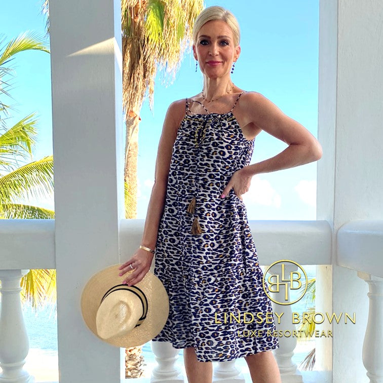 Animal print designer cotton beach dress to wear on holiday by Lindsey Brown resort wear