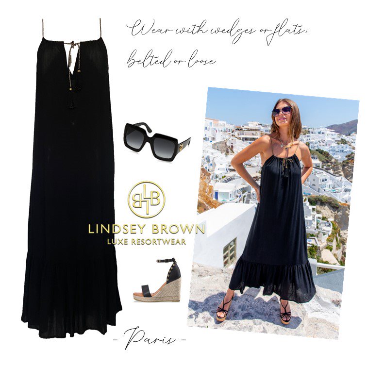 Black maxi designer holiday dress by Lindsey Brown resort wear 