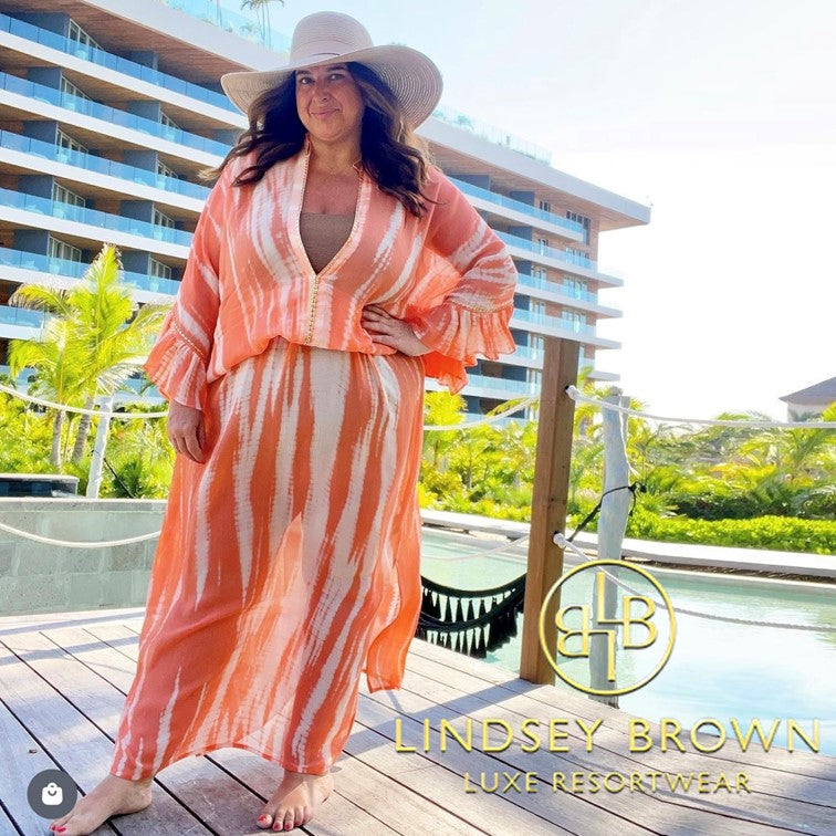 Clare Watkins stylist wears Lindsey Brown resort wear plus size silk kaftan