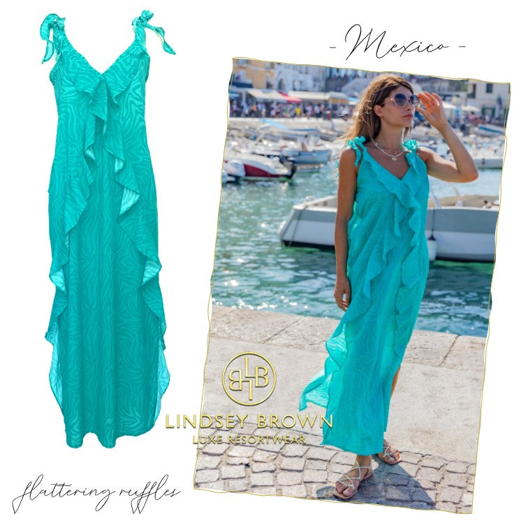Cool cotton designer aqua maxi dress to wear on holiday by Lindsey Brown resort wear