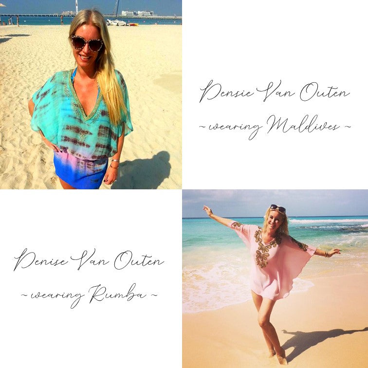 Denise Van Outen wears designer kaftans by lindsey brown resort wear