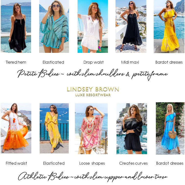 designer kaftan shapes and designer resort wear kaftan dresses  for petite ladies wanting to choose the best shape of coverup for their holiday by lindsey brown resort wear