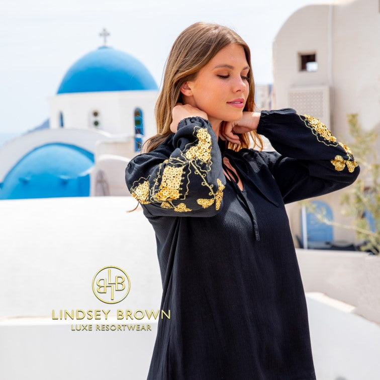 Black and gold embroidered designer blouses to wear in fall  by lindsey brown resort wear 