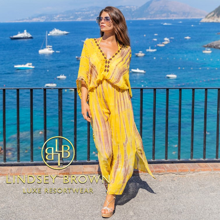 New yellow silk maxi kaftans by Lindsey Brown resort wear