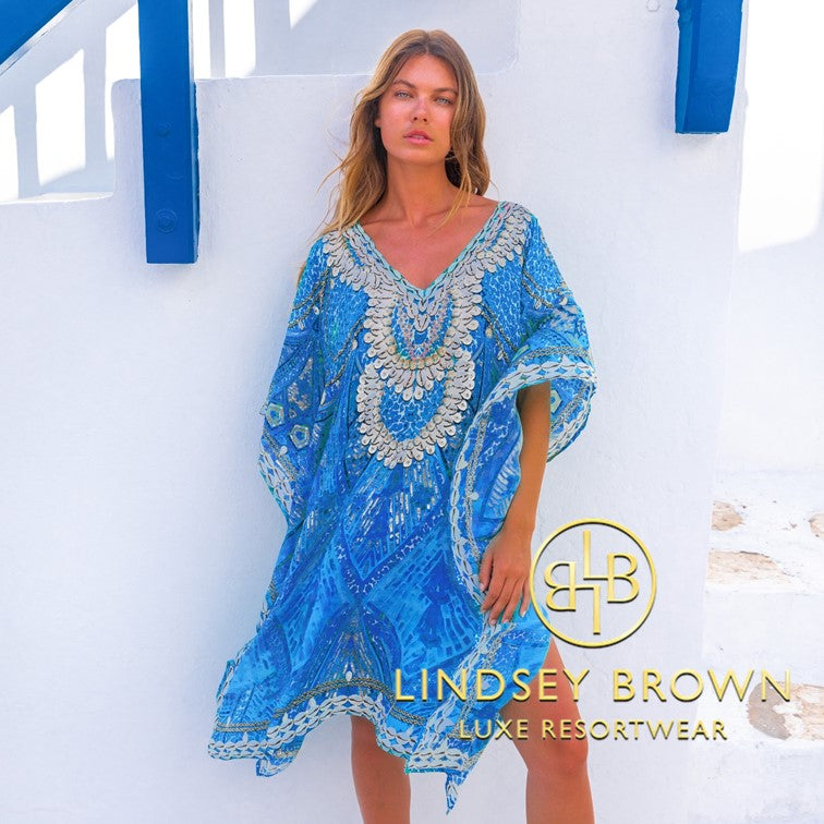 Designer kaftan beach cover up by Lindsey Brown resort wear
