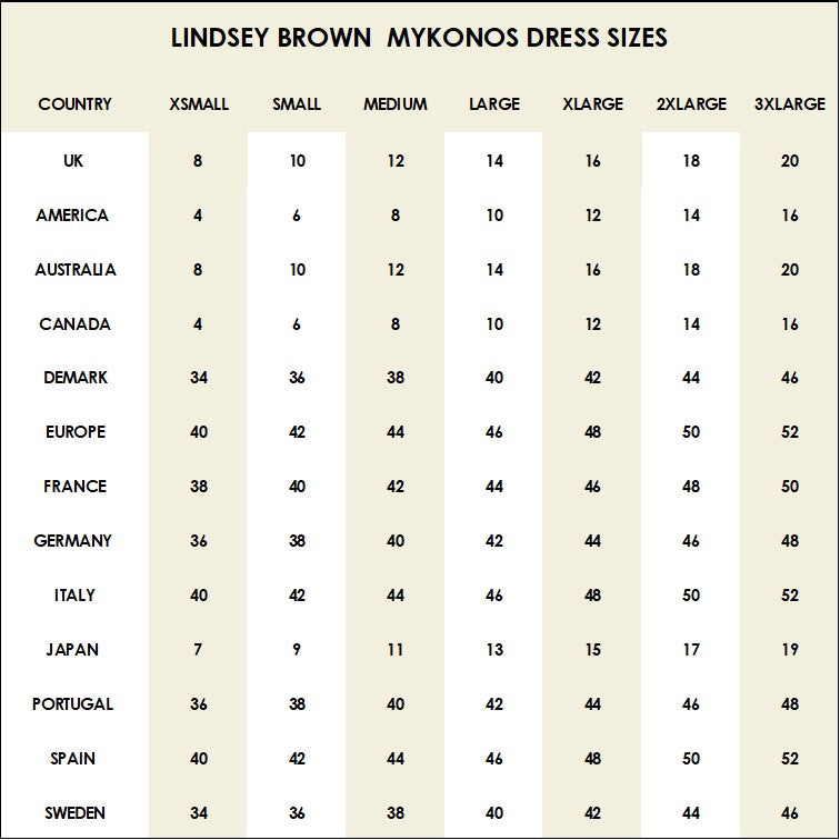 size and shape guide for Lindsey Brown luxury resort wear silk dress sizes