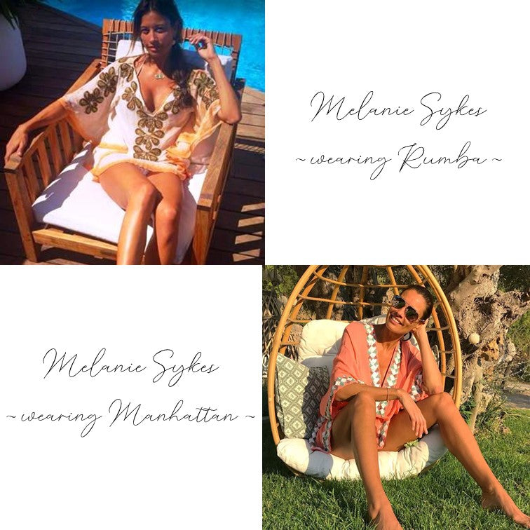 melanie sykes wears silk designer kaftans on holiday by lindsey brown resort wear