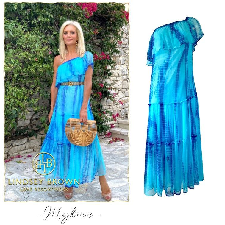 Off the shoulder silk maxi dress to wear on holiday by Lindsey Brown resort wear