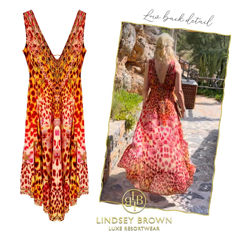 Silk animal print maxi dress to wear on holiday by Lindsey Brown resort wear