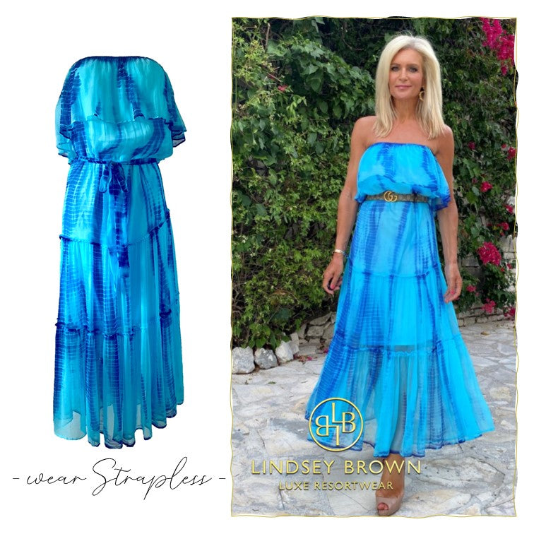 Off the shoulder silk maxi dress to wear on holiday by Lindsey Brown resort wear