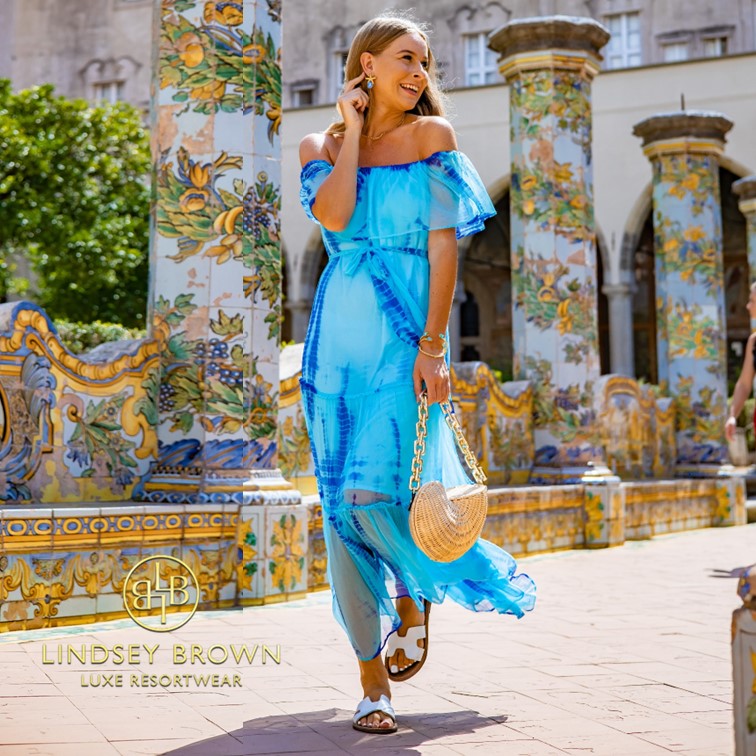 turquoise silk maxi dress to wear on holiday by lindsey brown resort wear 