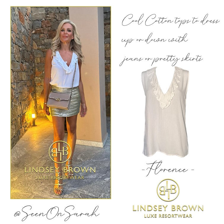 white cool cotton holiday tops worn by SeenOnSarah wearing lindsey brown cotton resort wear