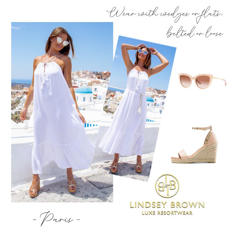 Pretty white floaty designer maxi midi dress for holiday by Lindsey Brown resort wear