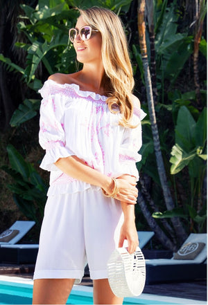 White Pink Off the Shoulder  Bardot Top to wear all summer in France by Lindsey Brown
