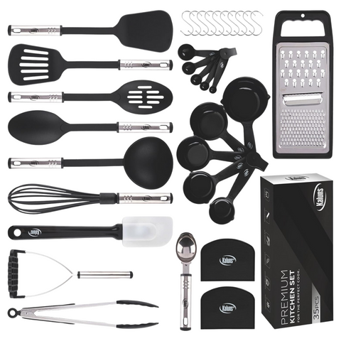 GreenPan 5 Piece Cooking Utensil Set, Flexible Nonstick Silicone, Stain-free, Tongs, Turner, Spatula, Skimmer, and Slotted Spoon, Black