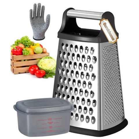  Professional Cheese Grater - Stainless Steel, XL Size, 4 Sides  - Perfect Box Grater for Parmesan Cheese, Vegetables, Ginger - Dishwasher  Safe - Black: Home & Kitchen