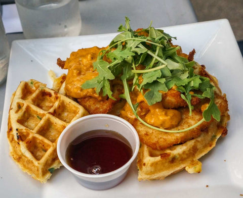 Waffles Filled with Bacon and Topped with Fried Chicken