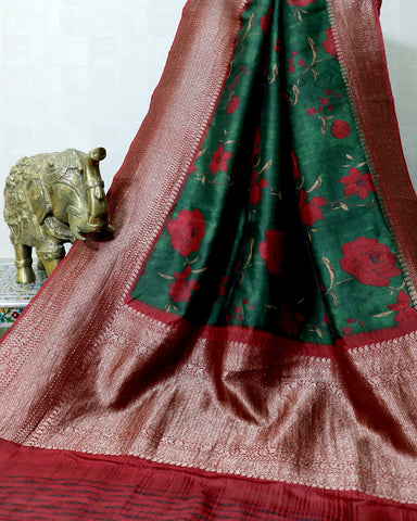 GREEN FLORAL PRINTED TUSSAR SILK BANARASI HANDWOVEN SAREE