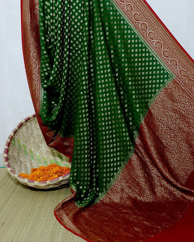 GREEN KHADI GEORGETTE BANARASI HANDWOVEN SAREE