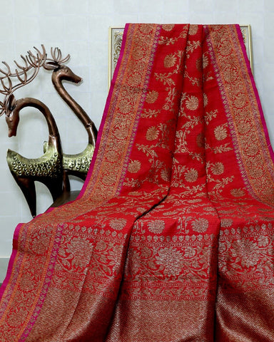 RED KADHWA JANGLA DUPION SILK BANARASI HANDWOVEN SAREE