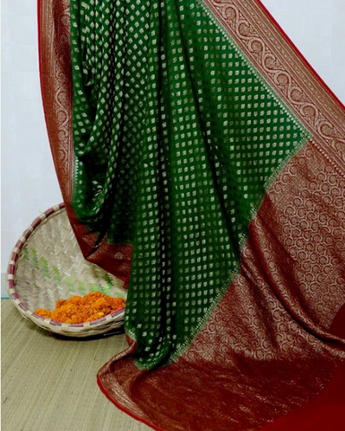 Wedding Saree Collection - GREEN KHADDI GEORGETTE BANARASI HANDLOOM SAREE 