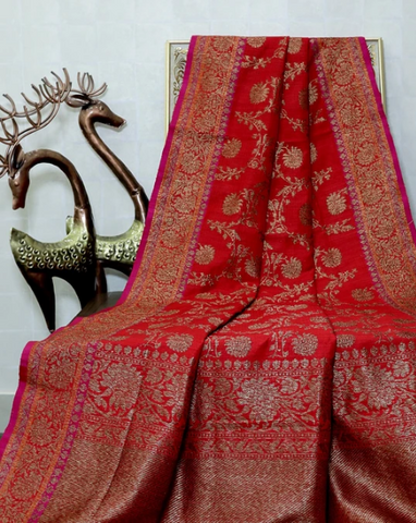 Wedding Sarees Collection - RED KADHWA JANGLA DUPION SILK BANARASI HANDLOOM SAREE 