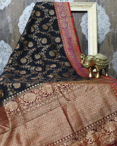 BLACK KADHWA JANGLA DUPION SILK BANARASI HANDWOVEN SAREE