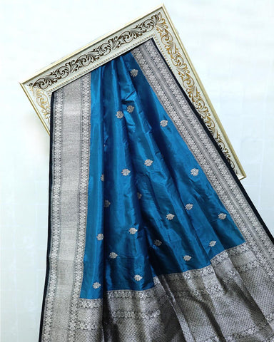 GREENISH BLUE KATAN SILK BANARASI HANDWOVEN SAREE