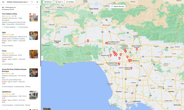 Finden Sie Kinderbekleidungsgeschäfte in Ihrer Nähe, indem Sie eine Google-Map-Suche in der Gegend durchführen, in der Sie sich befinden