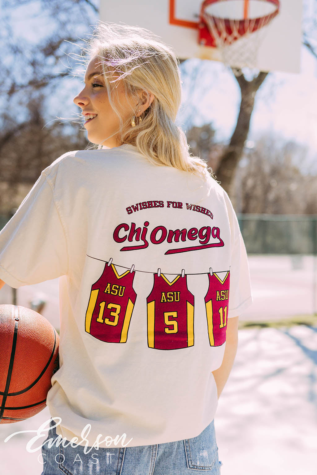 Chi Omega Swishes for Wishes Basketball Jersey Tee - Emerson Coast