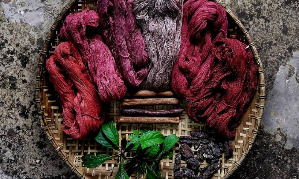 natural dyed yarns in different shades of pink