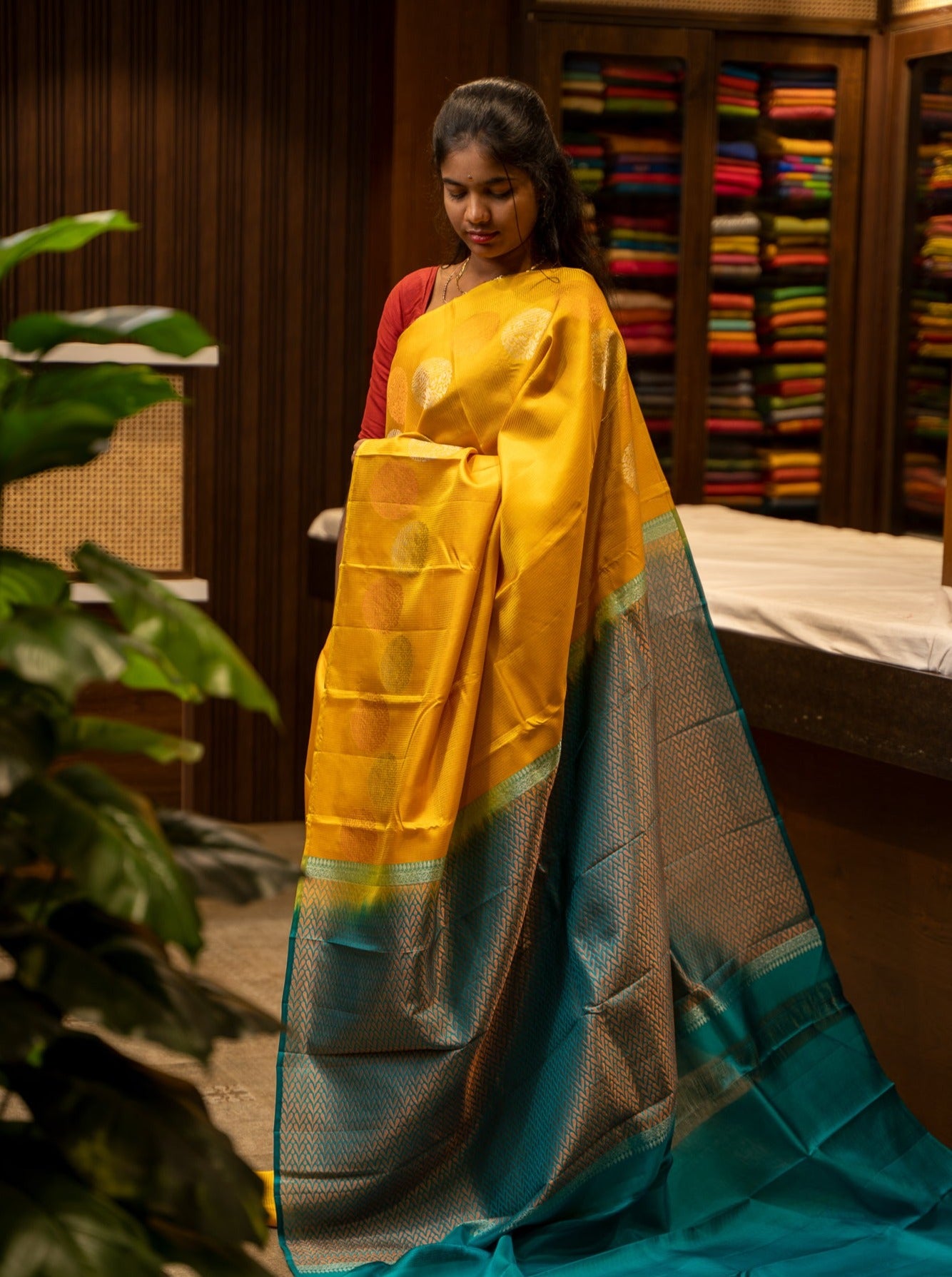 Tuscany Yellow and Teal Embossed Pure Silk Sari - Clio Silks