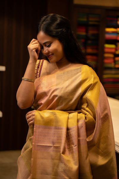 Pastel Green and Pink Without Border Panel Kanjivaram Pure Silk Sari
