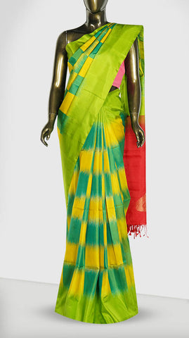 Yellow and Green Ikat printed silk saree - Clio Silks