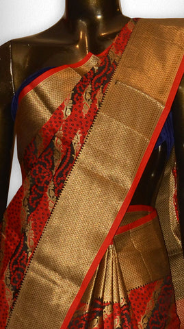 Red Black Striped Banaras Saree - Clio Silks