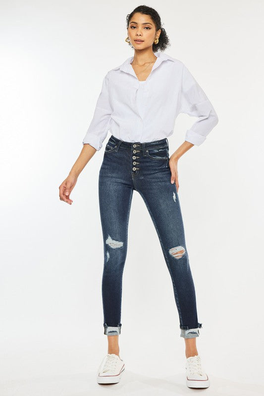  Kan Can High Rise Button Down Cuffed Ankle Skinny Jeans 