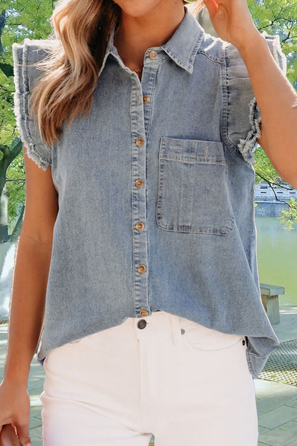  Raw Hem Button Up Cap Sleeve Denim Top 