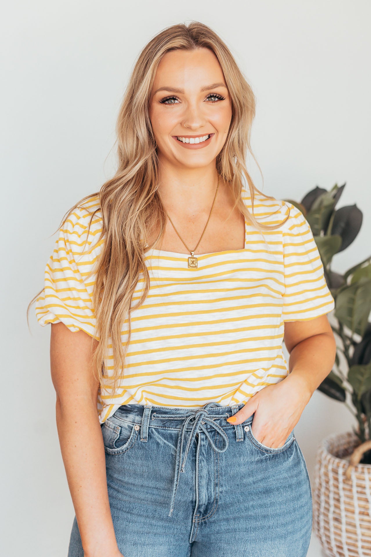  Amy Stripe Square Neck Bubble Sleeve Top 