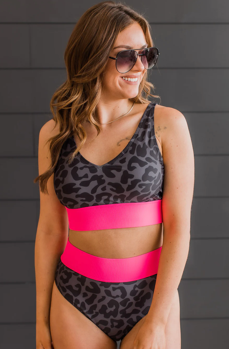  Kissed By The Sun Leopard & Neon Pink Bikini Swim Top 