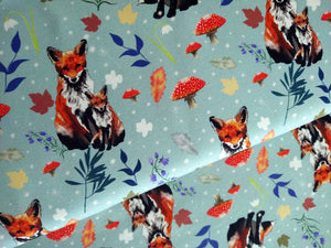 Woodland Foxes on teal French terry – Fabricasa fabrics