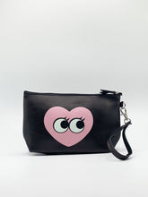 Load image into Gallery viewer, Black Toiletry Bag with Pink Love Heart Print
