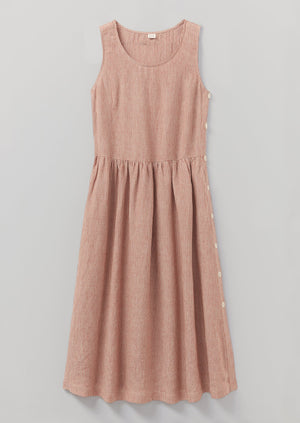 Ticking Stripe Linen Side Button Dress | Ecru/Rust