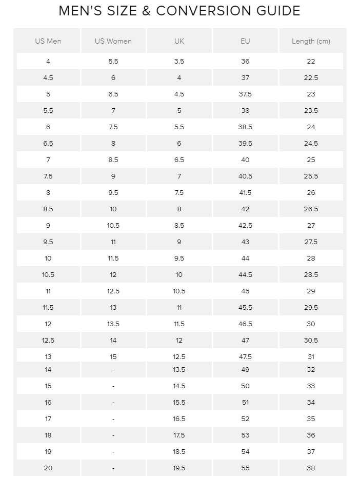 New Balance Size Chart - Goal Kick Soccer