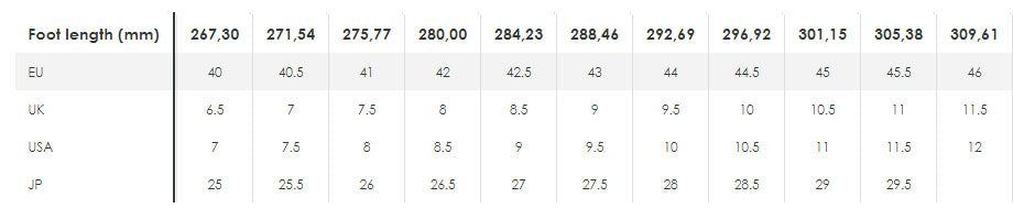 diadora men's shoes size chart