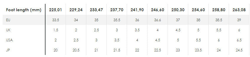 size chart diadora