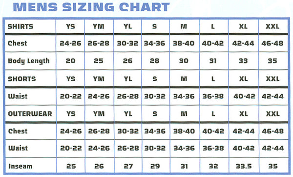 Youth Soccer Shorts Size Chart