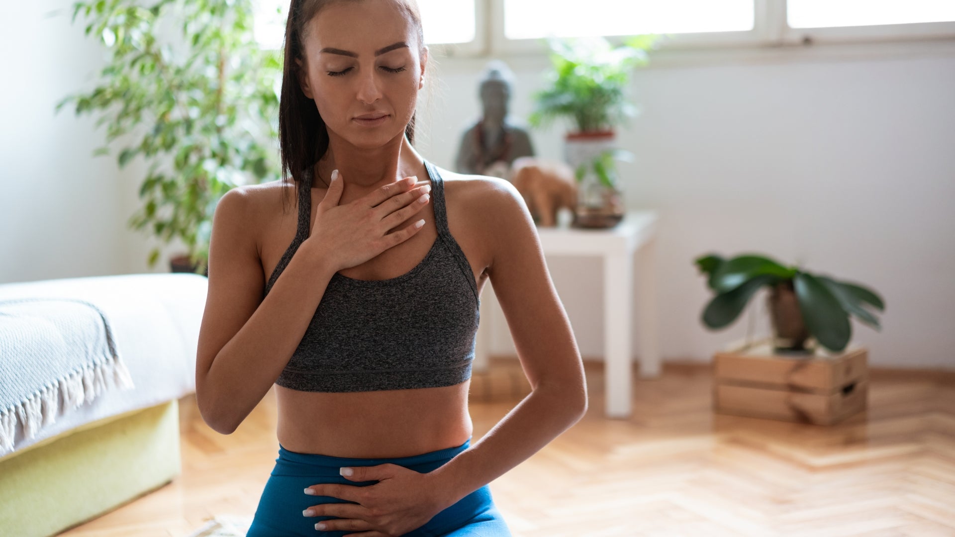 Woman practicing diaphragm breathing