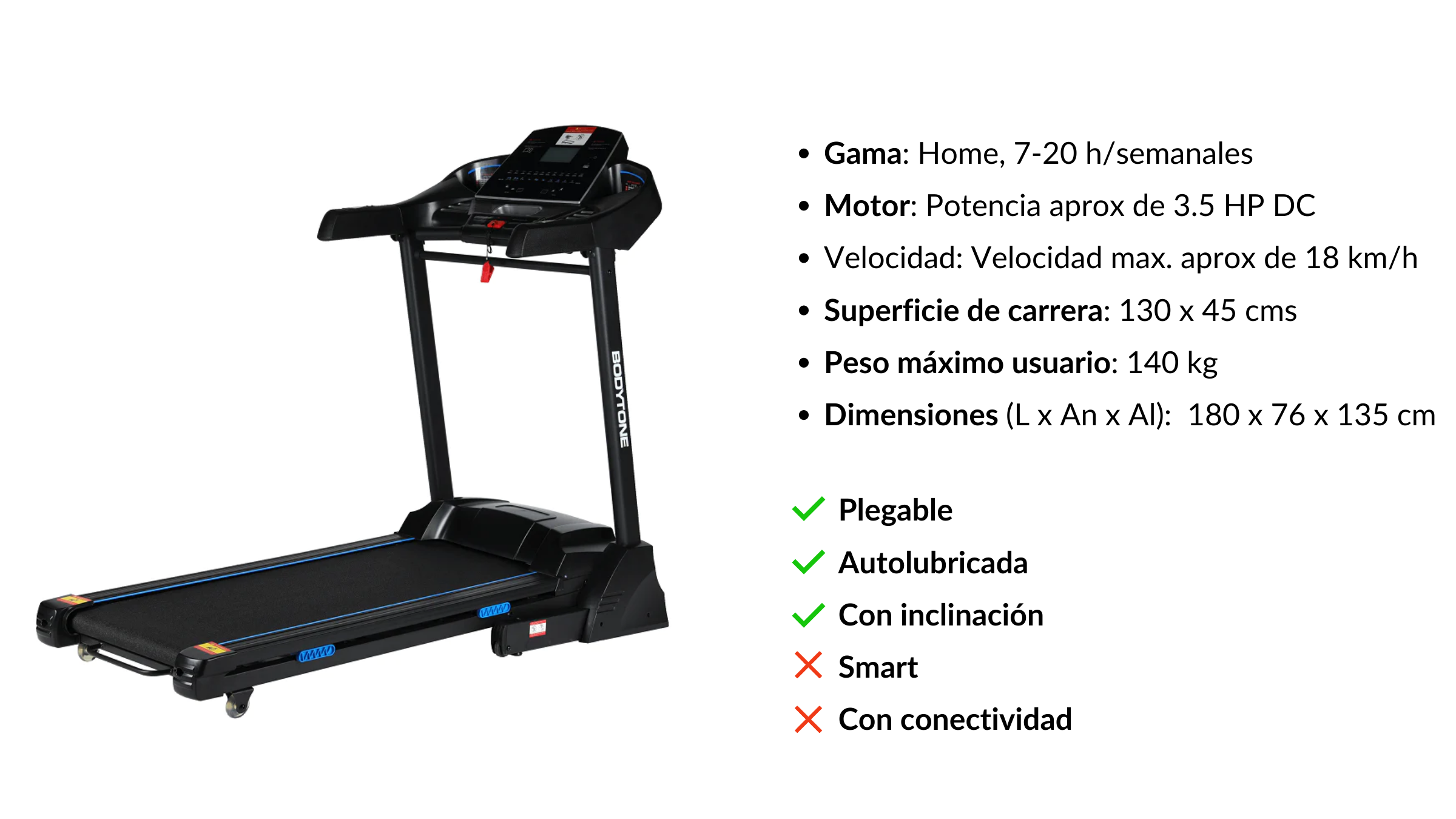 Specifications and features of the Bodytone DT18 Self-Lubricating Treadmill