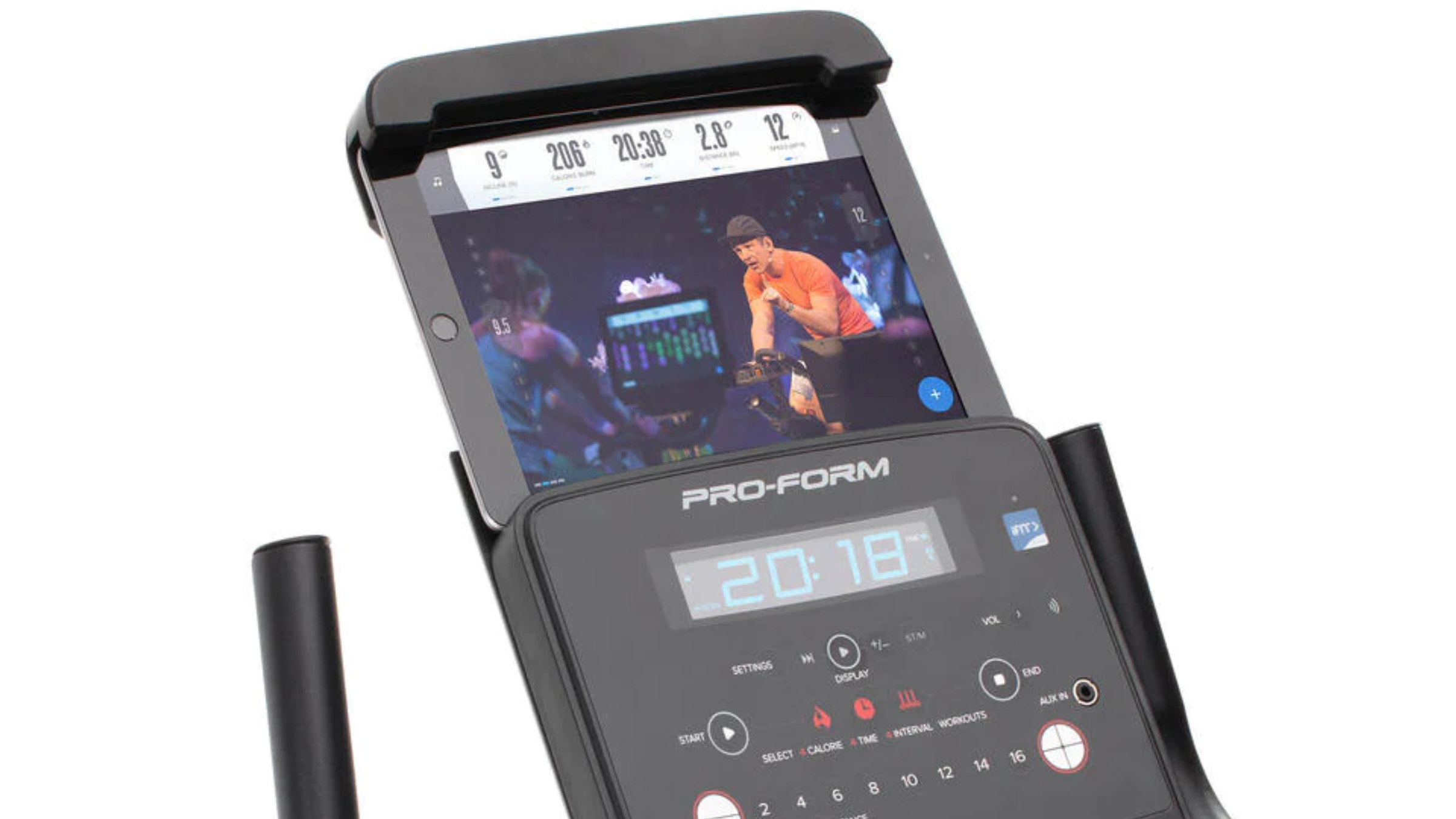 Stationary bike console connected to a tablet thanks to connectivity