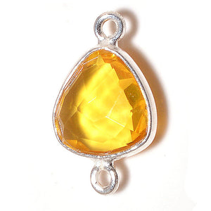 Stone Connectors & Drops. Sterling Silver 13.0mm Width by 19.3mm Length, Citrine Stone, Triangle Connector with 3.0mm Closed Ring on each side. Quantity Per Pack: 1 Piece.